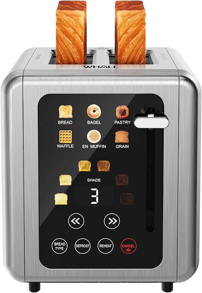 WHALL Touch Screen Toaster 2 Slice,Stainless Steel Digital Timer Toasters,6 Bread Types & 6 Shade Settings,Smart Extra Wide Slots Toaster With Bagel,Cancel,Defrost Functions