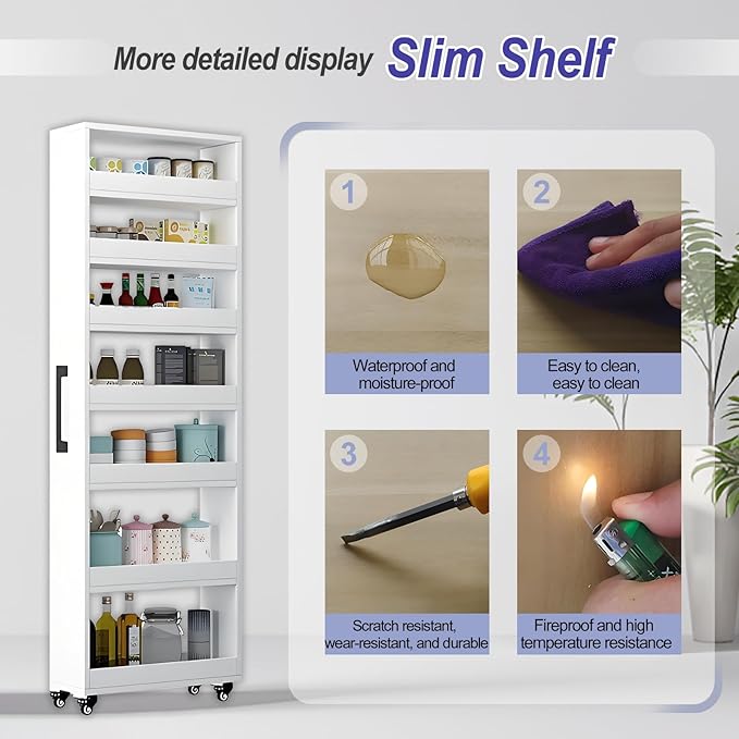 7-Tier Slim Storage Cart, Wooden Rolling Pantry Cabinet with Wheels, Narrow Shelf Organizer for Kitchen, Bakers Rack, Dining Room, Closet, Small Spaces Teak 47.2" H*5.9" W*16.9" D