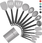 Coukre Silicone Kitchen Cooking Utensils Set with Holder – Heat-Resistant, Food-Grade Kitchen Tools, Spatula, Spoon & Gadgets for Non-Stick Pans, Dishwasher Safe (14, Gray)