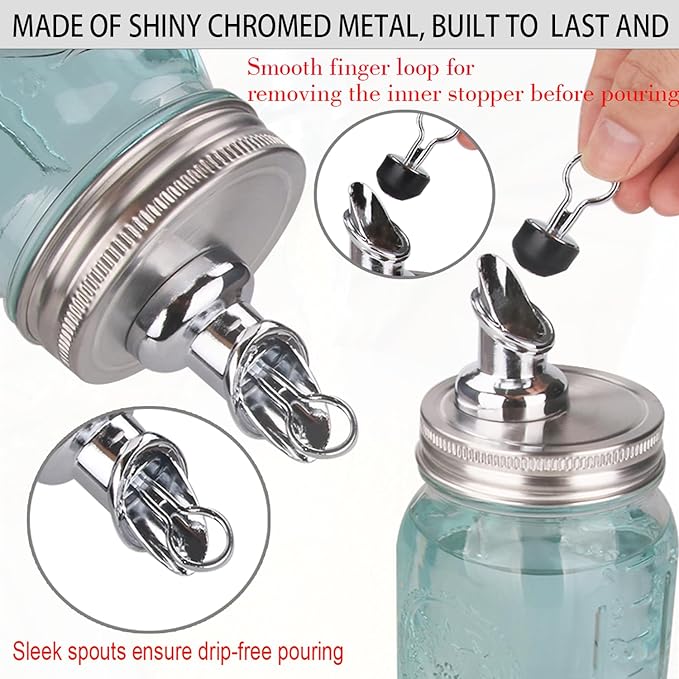 Free Flow Spout for Mason Jar,for spout regular mouth size Mason Jar 70mm lid, 2 Pack (Zinc alloy) jars not included