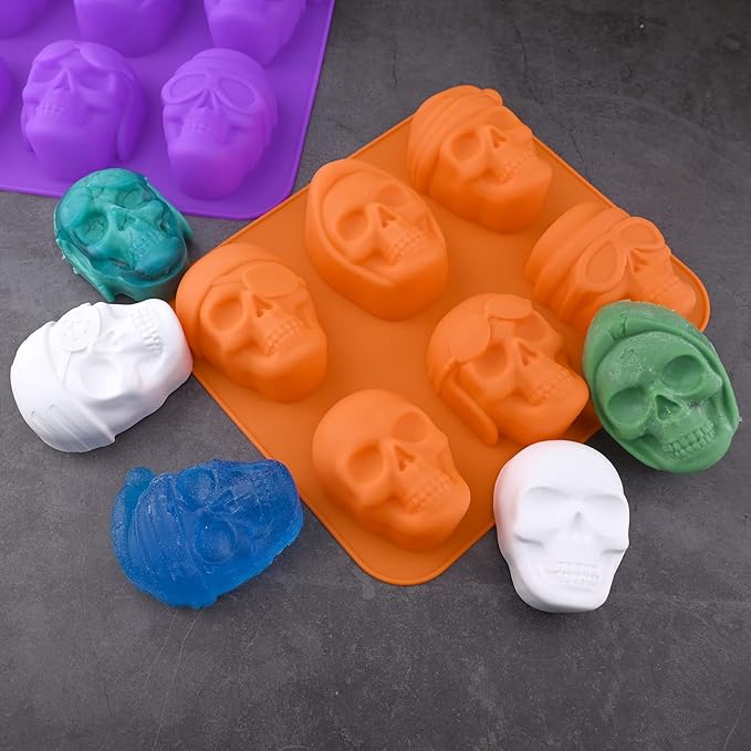 HUAKENER 2 Pack Skull Cake Pan, 6 Cavity Skull Cake Molds, Silicone Skull Baking Pan for Mini Cakes, Chocolate Bomb, Pudding, Halloween Baking