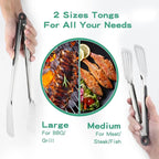 Metal Tongs for Cooking, Set of 2 Stainless Steel Spatula Tongs for Grilling, Cooking and Flipping, Strong Grip for Ribs, Steak and Fish, Comfortable Grip, Easy Pull Lock, 9 inch & 12 inch