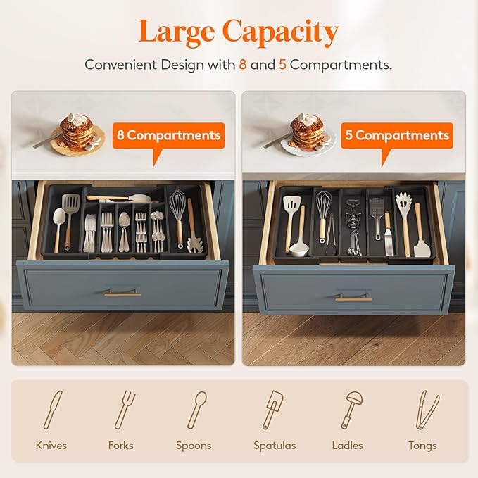 Lifewit Silverware Drawer Organizer and Utensil Organizer Set, Expandable Cooking Cutlery Tray for Kitchen, Adjustable Plastic Flatware Holder Storage Divider for Spoons Forks Knives, Large, Black