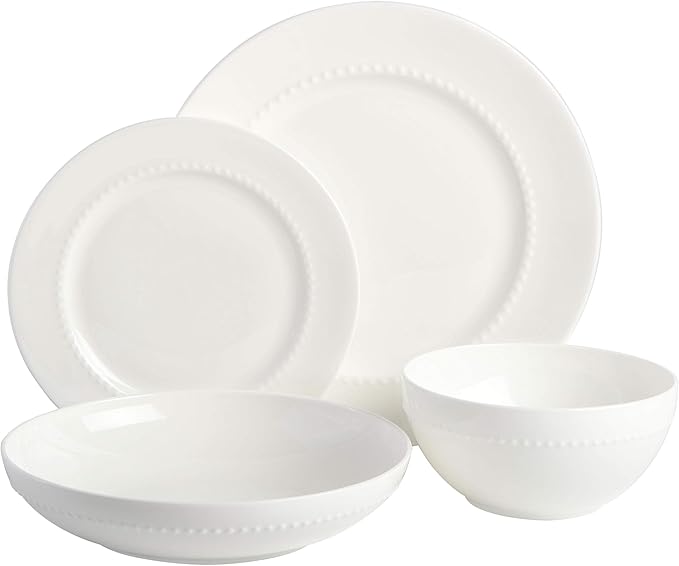 Gibson Elite Embossed Bone China 16-Piece Double Bowl Dinnerware Set, Service for 4 – White Elegant Plates and Bowls