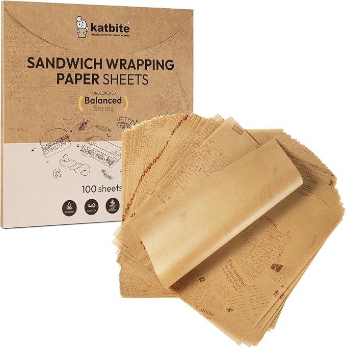 Katbite 100Pcs 12 In Food Wrapping Paper, New Pattern Heavy duty Deli Paper, Greaseproof & Non-stick Parchment Paper, Pre-cut Unbleached Parchment Paper is Perfect for Wrap Bread, Burger and Sandwich