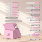 imarku Knife Set with Block, Sharp Knife Set with Built-in Sharpener, Japanese Stainless Steel Kitchen Knife Set with Non-Slip Ergonomic Handle, Dishwasher Safe, Best Holiday Gifts, 14 PCS, Pink