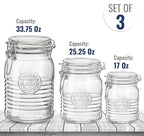 Bormioli Rocco Officina 1825, Set of 3 - Clear Glass Jars with Swing Top - Vintage Industrial Style Airtight Containers for Dry Food Storage, 33.75 Oz, 25.25 Oz, 17 Oz - Dishwasher Safe, Made in Italy