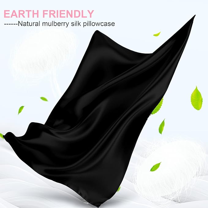Mulberry Silk Pillow Cases Queen Size with Hidden Zipper, Ultra Smooth and Soft Breathable Cooling Silk Satin Pillowcase for Hair and Skin, Gifts for Women Men (Black, 20x30 Inches, 1 Pack)