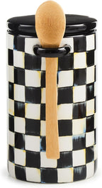 MACKENZIE-CHILDS Set of 1 Farmhouse Canister, Lidded Kitchen Canister with Spoon, Black-and-White Courtly Check