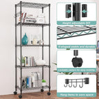 Himimi 5-Tier Wire Shelving Unit on Wheels, Adjustable Heavy Duty Metal Shelves with Side Hooks, Metal Organization Wire Rack for Kitchen Garage Basement, 13" L x 23" W x 72" H, Black