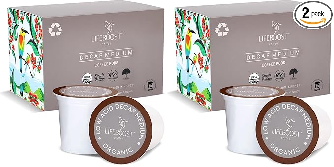 Lifeboost Organic Decaf Coffee K Cups - Low Acid Single Origin Non-GMO Mold Free Decaf Coffee Pods Compatible with Keurig & Keurig 2 - No Mycotoxins or Pesticides - 10 Count (Pack of 2)