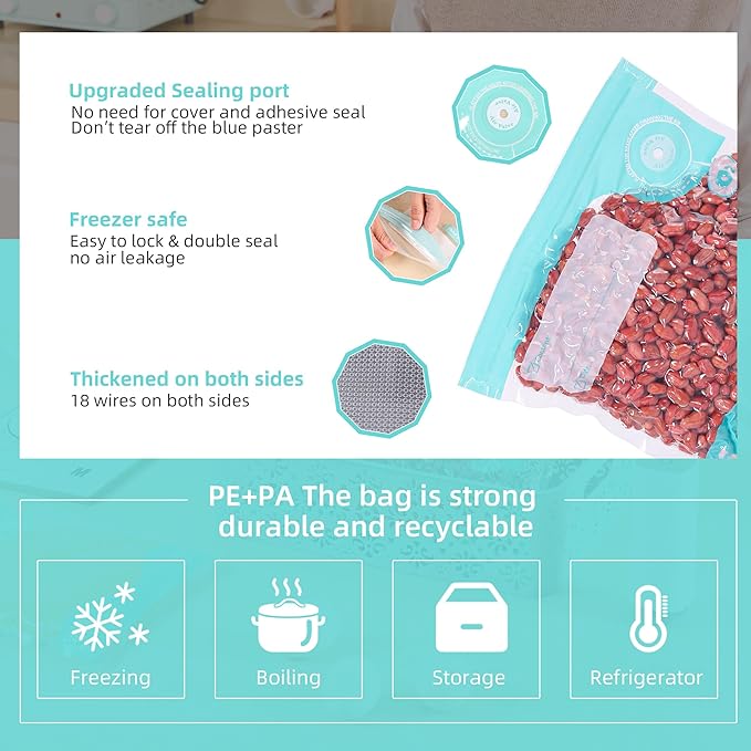 24PCS Sous Vide Bags Reusable, BPA Free Food Vacuum Sealer Bags, Thickened bag with a New Look, Vacuum Zipper Bags for Sous Vide Cooking, 20pcs food storage bags & 4 Seal Clips (8.2x 8.6 Inch))