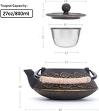 Cast Iron Teapot, Japanese Tea Pot with Infuser for Loose Leaf, Tea Kettle Stovetop Safe Coated with Enameled Interior, Clouds Pattern 27oz, 800ml Black