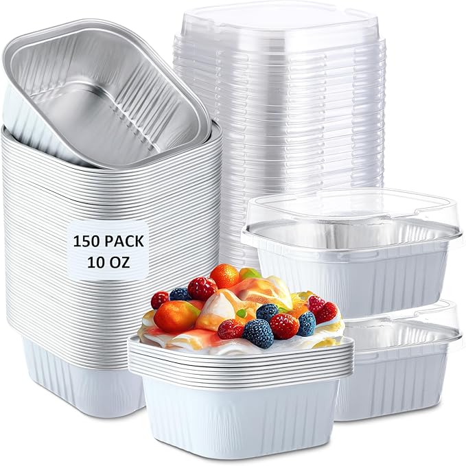Aoriher 150 Pieces 10 oz Mini Cake Pans with Lids Aluminum Foil Baking Cups Square Disposable 4" x 4" Large Cupcake Cups Baking Tins for Kitchen Brownie Pudding Desserts Holders(White)