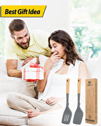 Pack of 2 Large Silicone Spatula, Heat Resistant Solid Turner, Non Stick Slotted Spatulas with Wooden Handle, Ideal Kitchen Utensils for Flipping, Pancakes, Eggs, Fish(GRAY)