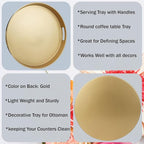 Round Gold Decorative Serving Tray with Handles, 13” Versatile Ottoman Tray for Coffee Table, Entertaining, Outdoor Patio, Living Room