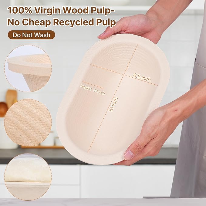 Non-Stick Oval Wood Pulp Banneton Bread Proofing Basket Set Of 2, Sourdough Banneton Basket Kit, Bread Making Tool Sourdough Starter Kit with Proofing Bowl, Cover, Dough Whisk, Lame, Scraper