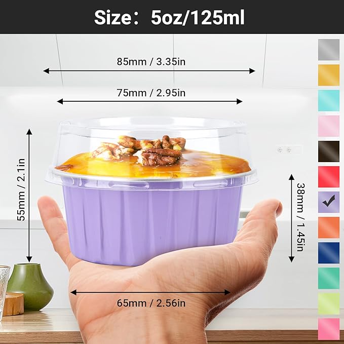 EUSOAR Aluminum Foil Baking Cups with Lids, Light Purple 50pcs 5oz Creme Brulee Ramekins Disposable, Muffin Liners Cups，Mini Cheesecake Foil Pans Dessert Containers with Lids for Party Favor Birthday