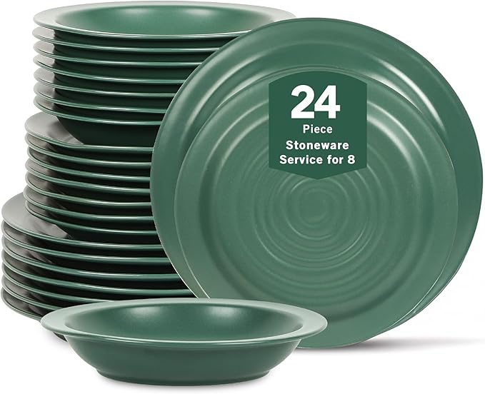 Stone Lain Orbit 24-Piece Dinnerware Set Stoneware, Plates and Bowls Set, Pasta Bowls, Microwave and Dishwasher Safe, Dish Set for 8, Green