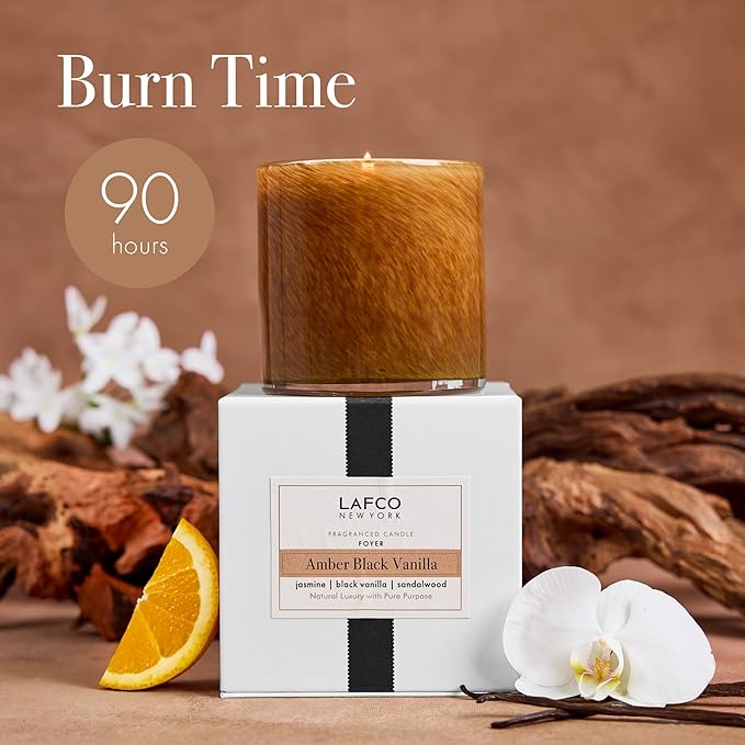 LAFCO New York Signature Candle, Amber Black Vanilla - 15.5 oz - 90-Hour Burn Time - Reusable, Hand Blown Glass Vessel - Made in The USA