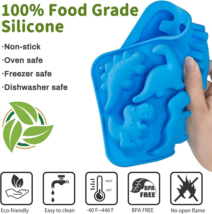 JOERSH 4Pcs Dinosaur Silicone Candy Molds Gummy Dinosaur Molds 8-Cavity Shaped with T-rex, Stegosaurus, Triceratops, Brontosaurus, Non-Stick for Chocolate, Cookie, Snacks, Cake Decorations