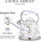 VQ Laura Ashley Elveden White 2.5L Stainless Steel Tea Kettle Stovetop Whistling Teapot for Induction, Gas Hob or others. Silicon Coated Cool Handle & Push Button Mechanism Vintage Stove Top Kettle
