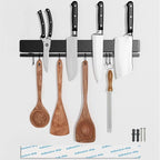 12 Inch Magnetic Knife Holder for Wall, Adhesive Knife Magnetic Strip No Drilling with 6 Hooks, Powerful Magnetic Knife Strip, Magnetic tool Holder for Kitchen Knives & Utensils (Black)