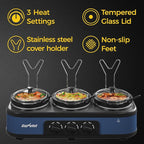 Sunvivi Triple Slow Cooker Buffet Servers and Warmer, Large 3 Pot Food Small Mini Manual Slow Cooker with Adjustable Temp Stainless Steel Lid Rests,Removable Ceramic Pot, 3 * 2.5 Quarts, Blue