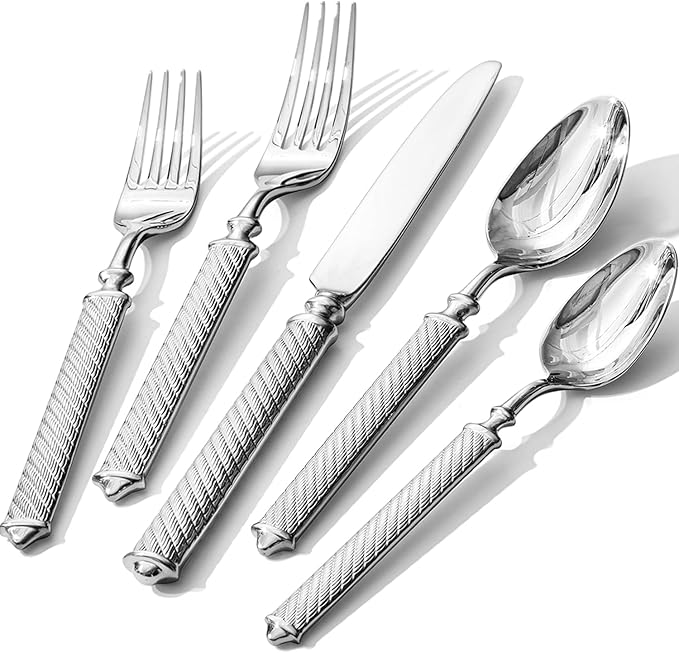 KINGSTONE Retro Rope-Pattern Silverware Set, 60-Piece Flatware Set Cutlery Set Forged with Handcrafted Texture Handles 18/10 Stainless Steel, Dishwasher Safe