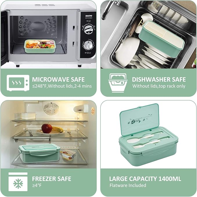 LOVINA Bento Boxes for Adults - 1100 ML Bento Lunch Box For Kids Childrens With Spoon & Fork - Durable Perfect Size for On-the-Go Meal, BPA-Free and Food-Safe Materials(Green)
