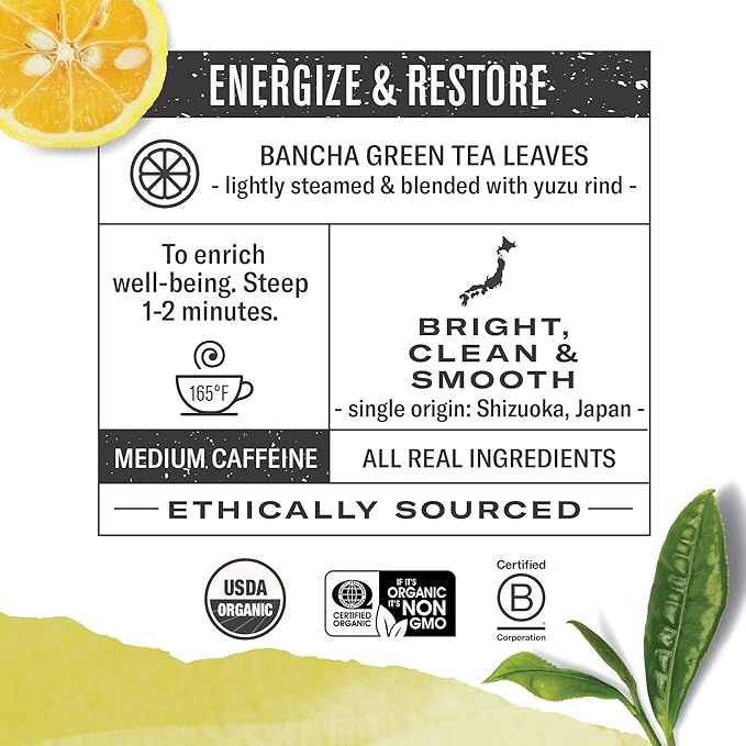 Numi Organic Yuzu Bancha Japanese Green Tea, 48 Green Tea Bags, Micro-Plastic Free