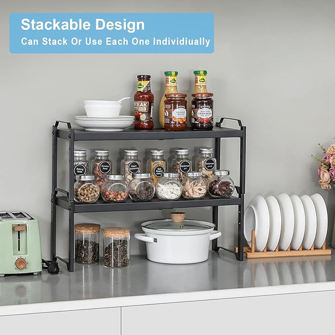 25.5 Inches 3 Pack Expandable Cabinet Shelves, Stackable Shelf Organizer for Kitchen Cabinet Countertop Storage, Adjustable Counter Cupboard Pantry Organizer Shelf Rack Stand Riser, Black