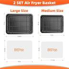 Air Fryer Basket, 2 Set Oven Air Fryer Basket and Tray with 60 PCS Parchment Papers, DEGOVIN Crisper Tray Non-stick Stainless Steel Air Fry Pans for Convection Oven(15.8" × 11" & 13" × 9.7"-Black)