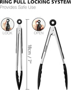 Anaeat 3 Pack 7" Mini Non-Stick Silicone Locking Tongs - Stainless Steel Kitchen Food Tong with Non-Slip Silicone Tips and Grip for Cooking, Baking and BBQ - Heat Resistant up to 480°F (Black)