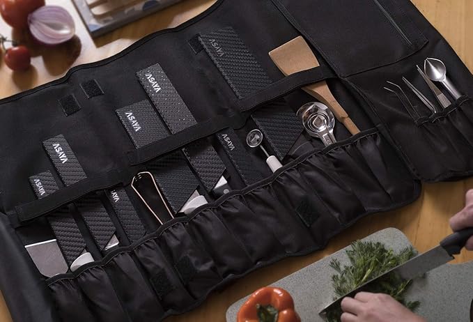 Asaya Chef Knife Roll Bag - 20 Total Pockets for Knives and Kitchen Utensils - Made with Stain Resistant Waxed Nylon - For Chefs and Culinary Students - Knives Not Included(Grey)