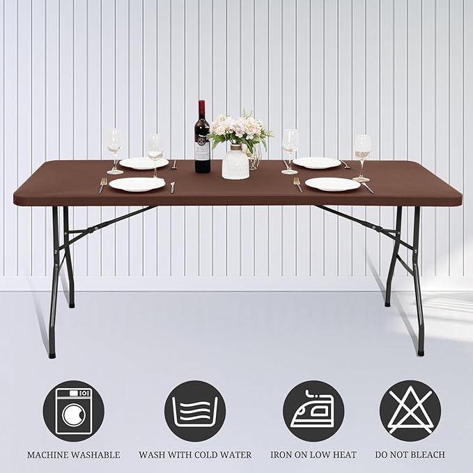 10 Pack Fitted Tablecloth for 6 Foot Rectangle Tables, Coffee Elastic Outdoor Picnic Table Cover, Washable Stretch Folding Table Cloths 6 ft for Camping Party Patio Kitchen Banquet, 30" W x 72" L