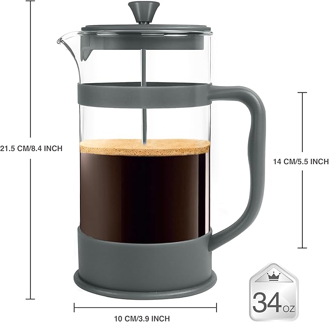 Utopia Kitchen French Press Espresso and Tea Maker with Triple Filters, Stainless Steel Plunger and Heat Resistant Borosilicate Glass (Grey, 34-oz (Pack of 1))