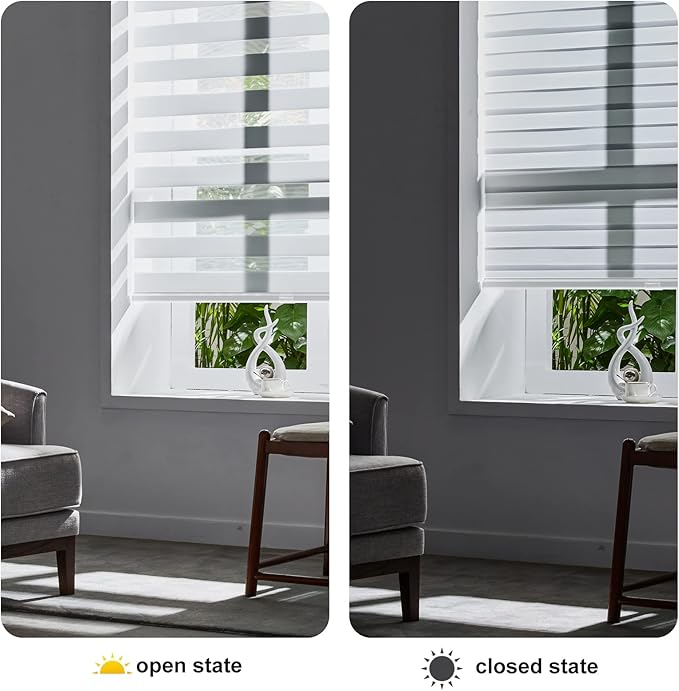 Persilux Cordless Zebra Blinds for Windows Free-Stop Roller Windows Shades (24" W X 72" H, White) Dual Layer Light Control for Day and Night, Light Filtering Sheer Shades for Home, Easy to Install