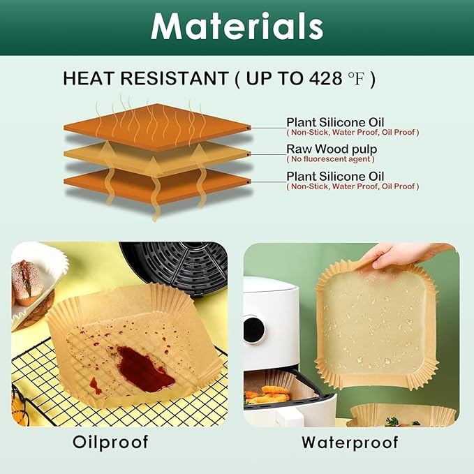 1000 Pcs Air Fryer Paper Liners, 8" Square Air Fryer Liners Disposable, Heavy-Duty Parchment Paper for 5-8 qt Airfryer Basket, Non-Stick & Grease-Proof Baking Liner for Oven Pan
