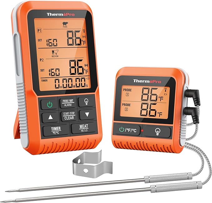 ThermoPro TP826 500FT Wireless Meat Thermometer, Dual Meat Probe Cooking Thermometer with HI/Low Alert, Food Grill Temperautre probe, Outdoor Fryer Accessories for BBQ, Smoker, Oven, Grilling Gift