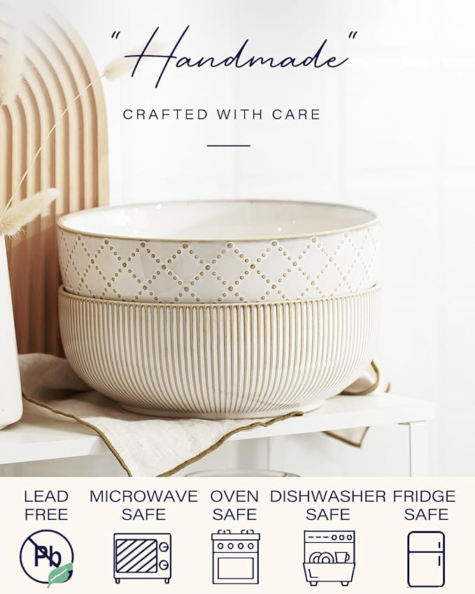 getstar Large Serving Bowls (9.5 inch & 92 fl oz), Ceramic Salad Bowl Set of 2, Microwave and Dishwasher Safe, Farmhouse Kitchen Decorative Bowls Set (Embossed Checks & Stripes)