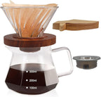 Pour Over Coffee Maker Set 400ml Portable with 50 Pcs Filter Paper Glass Coffee Maker High Borosilicate Glass Eagle Beak Spout Design Walnut Wood Base for Pour Over Dripper for Daily Brewing