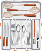 Silverware Organizer - Expandable Kitchen Drawer Organizer, BPA-Free Food-Safe Utensil Drawer Organizer with 7 Compartments, Deep Cutlery Tray for Forks, Knives, White