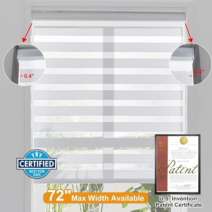 Persilux Zebra Blinds for Windows, Cordless Roller Shades Window Treatments (37" W x 72" H, White) Light Filtering Dual Layer Roller Window Shades Light Filtering Sheer Shades for Home and Office