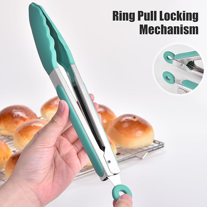 Doosu Kitchen Tongs for Cooking - 600°F Heat Resistant Food Tong with Non-Scratch Silicone Tips, Heavy Duty Stainless Steel Locking Tong for BBQ, Grilling Steak, Serving Salad, Pasta (9in, Aqua Sky)