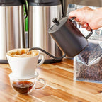 Restaurantware Restpresso 20 Ounce Gooseneck Kettle 1 Dishwashable Pour Over Kettle - With Thermometer Hole Non-Stick Coating Black Stainless Steel Stovetop Kettle Built-In Handle