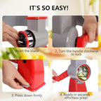 4-in-1 Rotary Cheese Grater Handheld, Lightweight Body with 4 Stainless Steel Blades & Non-Slip Suction Base, for Shredding Parmesan, Slicing Vegetables, Grating Chocolate（Red）