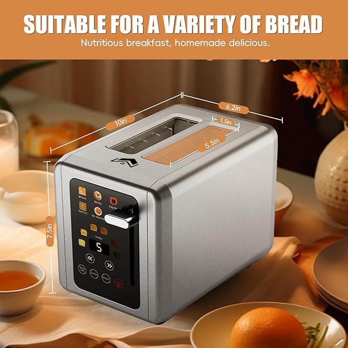 Touch screen Toaster 2 slice,Stainless Steel Digital Timer Toasters with Sound Function,6 Bread Types & 6 Shade Settings,Smart Extra Wide Slots Toaster with Bagel,Defrost Functions,Brushed steel