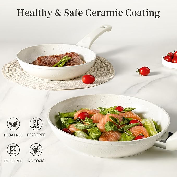 Ceramic Non Stick Frying Pan - Non Stick Skillet Frying Pans, Safe&No Toxic Egg Omelette Frying Pan, Large Nonstick Cookware Chef's Pan, Induction Compatible, PFOA&PFAS Free(11inch, White)