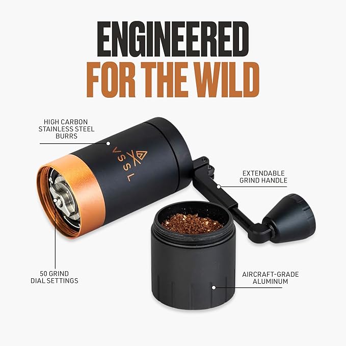 VSSL Java G25 Manual Coffee Grinder | Coffee for Camping | Bean Grinder | Travel Pour Over | Stainless Steel Conical Burr | ~ 25 Gram Capacity | Extendable Grind Handle | 50 Grind Settings | Carbon